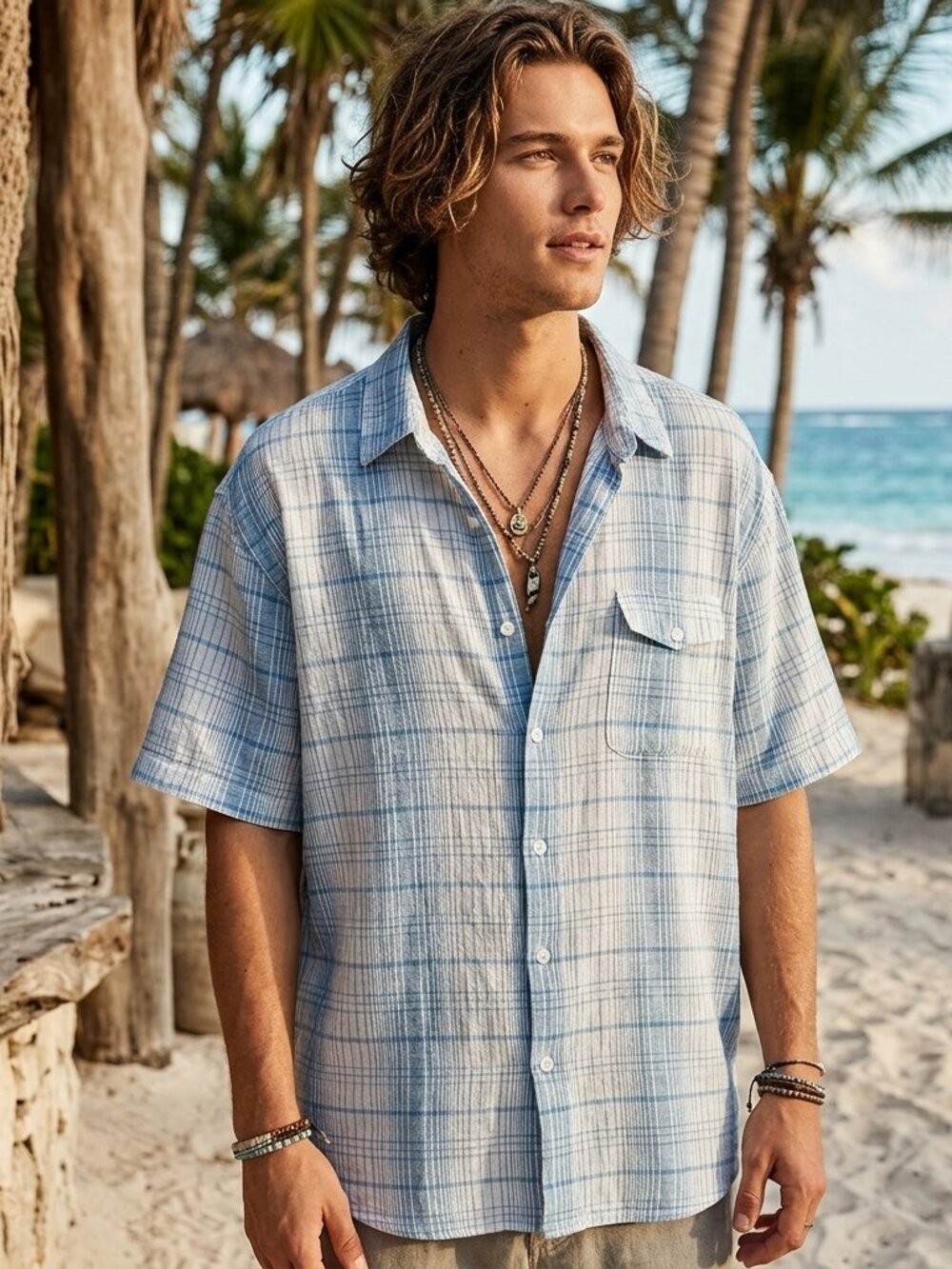 Tommy Bahama Men's Blue Plaid Linen Short Sleeve Shirt - 2XB